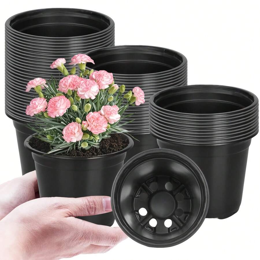 4-Inch (10cm) Small Plastic Flower Pots, 50/100pcs Seedling Starting Pots, Suitable For Indoor And Outdoor Planting, Black - Black - View 1