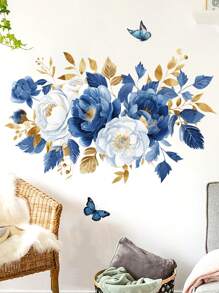 1pc Blue Floral Pattern Bathroom Wall Sticker