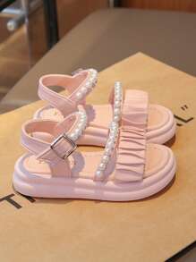 2 pares de sandalias de suela blanda para niñas, con cierre de hebilla de perla, diseño casual y de moda, apropiadas para el uso al aire libre en verano