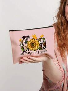 Sunflower 'god' Pattern Handbag With Makeup Bag, Women's Portable Zipper Wallet, Fashionable Travel Toilet Bag, Lunch Box Bag, Book Bag, School Travel Beach Women's Day Multi Functional Bag, Versatile Portable Tote Bag For Teacher - Pink - View 11