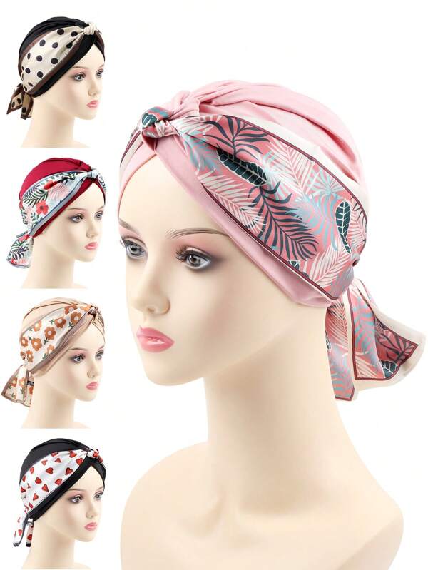 1pc Women's Elastic Printed Tie-Up Polyester Headscarf/Cap, Detachable, Sun Protection, Fashionable For Travel And Daily Wear