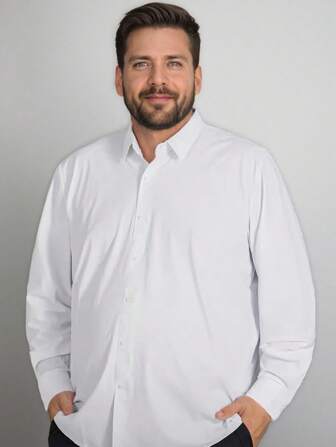 Camicia a maniche lunghe da uomo taglia comoda, camicia bianca elegante, camicia giacca di colore tinta unita alla moda, camicia casual di stile taglia comoda, per l'autunno