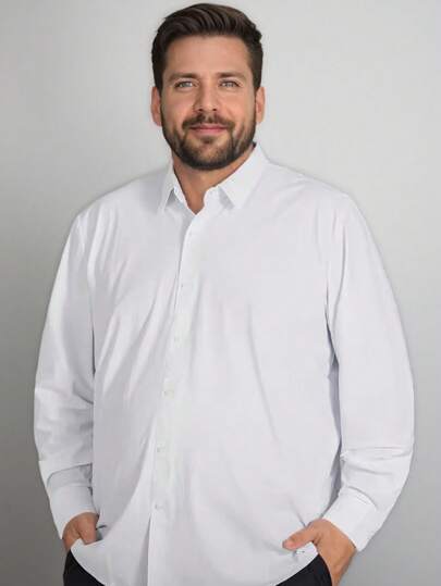 Plus Size Men's Long Sleeve Shirt, White Dress Shirt, Fashion Solid Color Shirt Jacket, Plus Size Stylish Casual Shirt, For Fall