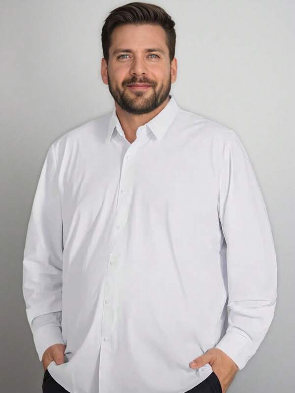 Plus Size Men's Long Sleeve Shirt, White Dress Shirt, Fashion Solid Color Shirt Jacket, Plus Size Stylish Casual Shirt, For Fall