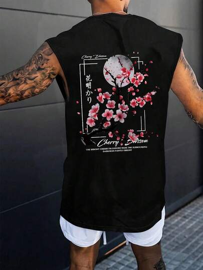 YUNCHIC 男士宽松印花T恤，春夏款，创意樱花图案，舒适休闲，透气面料，适合日常穿着