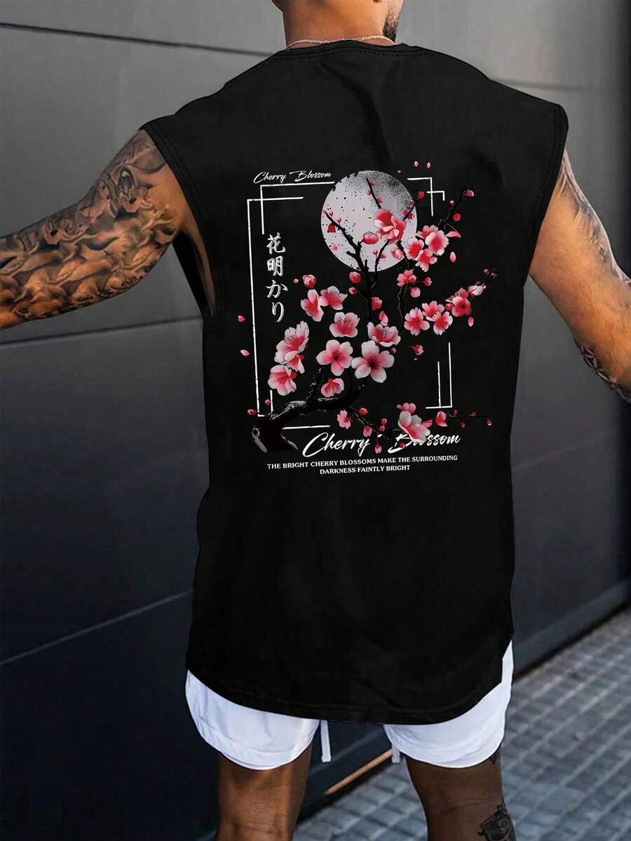 YUNCHIC 男士宽松印花T恤，春夏款，创意樱花图案，舒适休闲，透气面料，适合日常穿着 - 黑色 - 查看 1