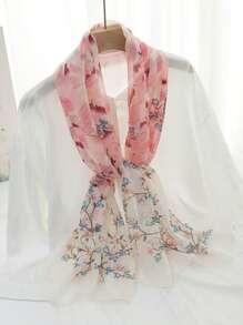 1 pieza Bufanda de poliéster con estampado floral y color degradado, adecuada para todas las estaciones