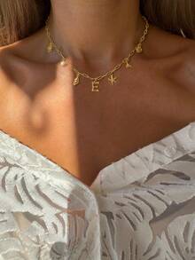 1 chiếc vòng cổ mặt dây chuyền chữ cái đầu mạ vàng 14K dành cho nữ, vòng cổ chữ cái vỏ sò có thể điều chỉnh độ dài dây chuyền, chất liệu không gây dị ứng, thích hợp đeo cả ngày, món quà tuyệt vời cho mẹ, vợ, chị gái hoặc bạn bè vào ngày sinh nhật, kỷ niệm, Giáng sinh - Dây chuyền chữ sao biển - Xem 2