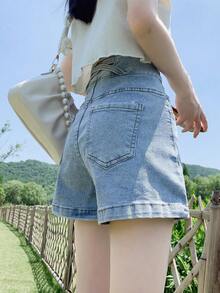 女式寬鬆A字彈力修身超短熱褲 - 藍色 - 查看 8