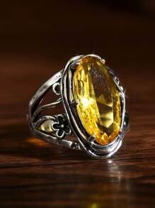 1pc Boho Style Vintage Silver Oversized Golden Cubic Zirconia Women's Ring, Wedding/Engagement/Promise Ring For Daily Wear