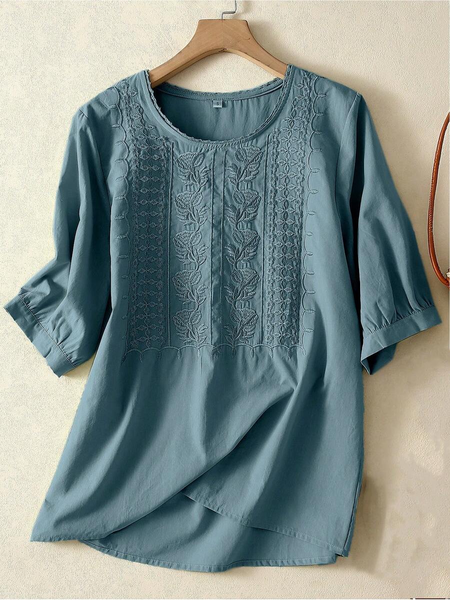 Áo cánh rộng tay đèn lồng cổ tròn thêu hoa cho nữ, Xuân/Hè