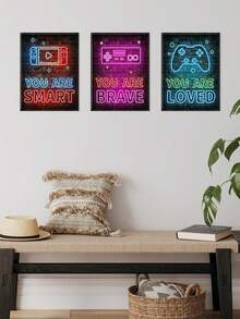 Set Of 3 Retro Design Wall Art, Gaming Controllers Canvas Print Wall Painting, Motivational Quotes Poster, Neon Signs Artwork, Brick Wall Background Painting, Positive Affirmations Wall Decor, Home Decor, Posters, Ideal Gift