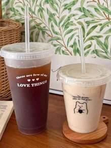 1 pièce Tasse à pailles en plastique avec lettres anglaises et ours, tasse d'eau en forme de cœur pour fille, tasse de café portable, tasse à jus