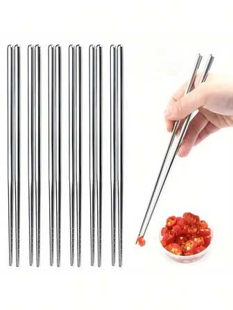 5pcs Stainless Steel Reusable Chopsticks - Non-Slip, Korean And Japanese Style Dining Utensils For Sushi, Snacks And More - Durable Kitchen Flatware Set,School Supplies