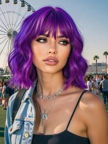Wig Ungu Bergelombang 12 Inci dengan Poni, Wig Sintetis Pendek Keriting Tahan Panas untuk Wanita, Cocok untuk Pesta, Pemakaian Sehari-hari, Berwarna-warni, Populer untuk Festival Musik - Purple - View 3