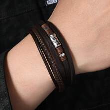 1pc Vintage PU Leather Braided Bead Magnetic Clasp Men's Bracelet, Beaded Pattern Decor, Suitable For Daily Wear, Holiday Gift