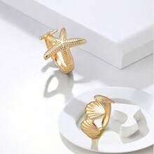 2pcs Metal Ocean Themed Adjustable Shell & Star Unique Design Statement Rings Set For Women