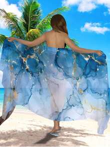 1Pc Gilding Fluid Painting Patterned Printed Beach Towel. Decorative Beach Towel. Beach Wrap. Sarong Cover Shirt Beach Skirt. Semi Transparent Elegant Multi Wear Style Beach Wrap Skirt. Can Be Used For Beach Cover Shirt - Multicolor - View 6