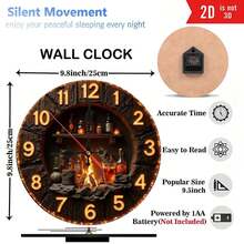 Rustic Wooden Fireplace Clock Wall Decor 10-Inch Wooden Wall Clock, Silent Movement, Battery Operated (AA Batteries Not Included), Artistic Home Decor, Cozy Bedroom Atmosphere, Perfect For Home Accents - Great Gift For Birthdays, Christmas, Halloween - Black - View 2