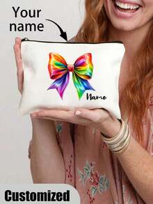 Personalized Custom Ladies' Bow Cosmetic Bag,Zip Pouch,This Makes A Great Gift For Female Friends, Suitable For Weddings, Bridesmaid Gifts, Birthdays, Toiletries, Makeup Bags, Student Pencil Cases