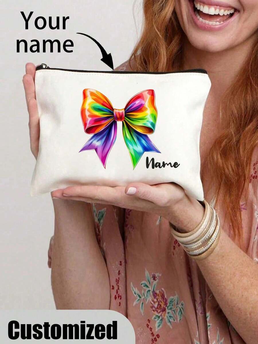 Personalized Custom Ladies' Bow Cosmetic Bag,Zip Pouch,This Makes A Great Gift For Female Friends, Suitable For Weddings, Bridesmaid Gifts, Birthdays, Toiletries, Makeup Bags, Student Pencil Cases