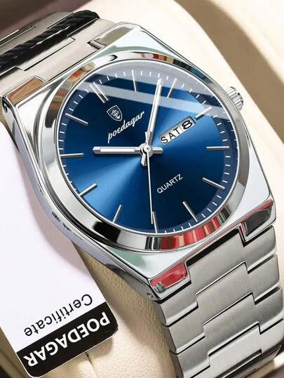 POEDAGAR 1 pieza Reloj de inoxidable luminoso y resistente al agua con pantalla de fecha y día, reloj de pulsera de cuarzo casual para hombres, reloj de hombre + caja de regalo