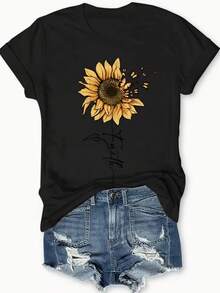 Camiseta informal negra con estampado gráfico de girasol y mariposa de manga corta y cuello redondo de algodón de 180g para mujer para un atuendo elegante de verano - Negro - Ver 1