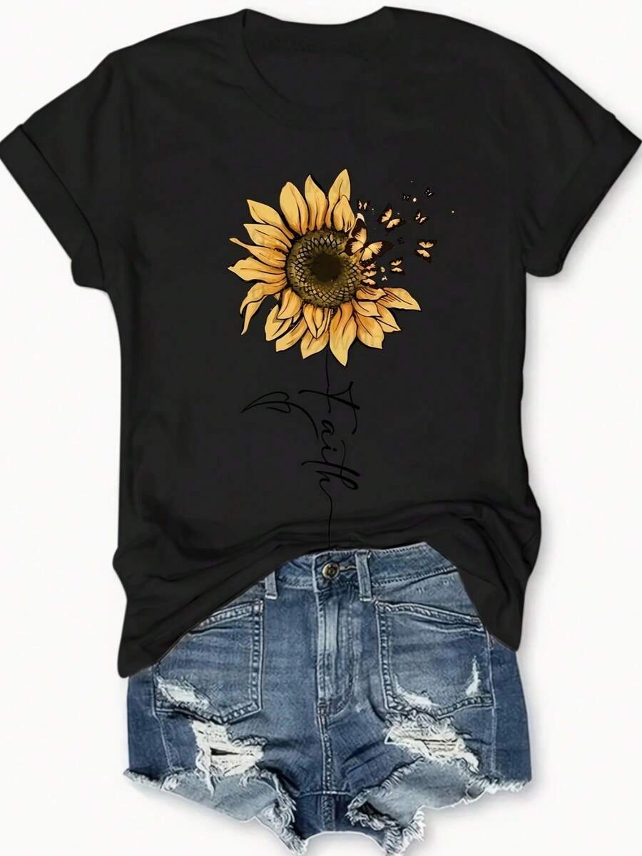 Camiseta informal negra con estampado gráfico de girasol y mariposa de manga corta y cuello redondo de algodón de 180g para mujer para un atuendo elegante de verano - Negro - Ver 1