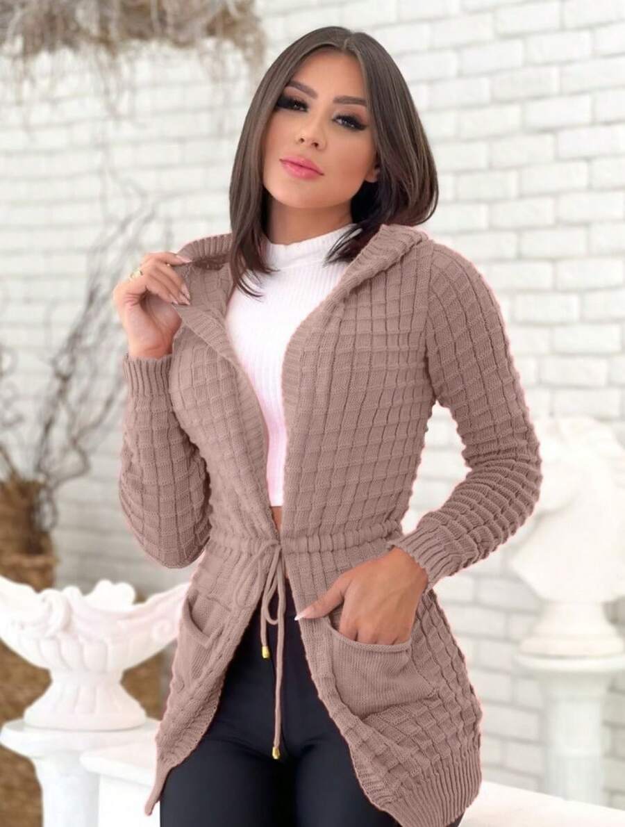 Women's Winter Coat Cardigan Hooded And Pocket Knit Kimono - Màu hồng gỉ - Xem 1
