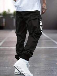 Pantalones de trabajo casual multibolsillos con cordón y estampado de monogramas para hombre, a la moda y versátiles - Negro - Ver 3