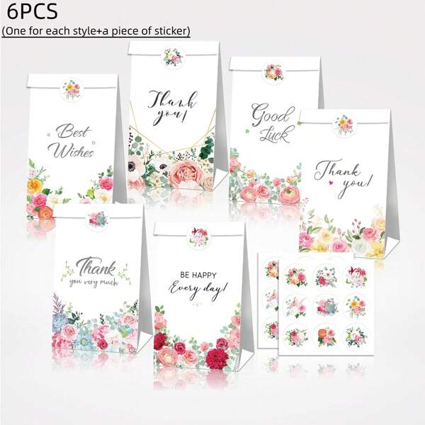 6pcs White Floral Kraft Paper Gift Bags With 1 Sticker - Elegant Party Favor Gift Tote Bags With Pink Flowers And Green Leaves Design For Birthday, Wedding, And Small Business Events, Retail Packaging Bags, Small Gift Bags