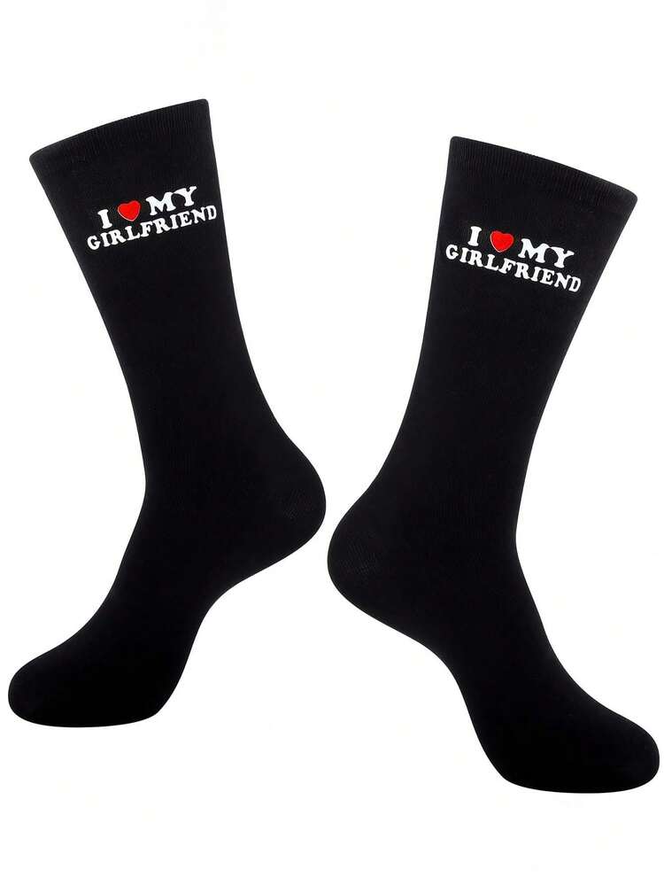 1 Pair "I Love My Girlfriend" Socks, Cute Gift For Boyfriend, Anniversary, Valentine's Day, Birthday, Funny Boyfriend Gift, Novelty Socks, Autumn - Multicolor - View 1