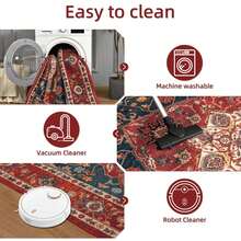 Homore Large Area Rug 6x9 Boho Floral Print Distressed Vintage Rug Traditional Floor Cover Foldable Thin Rugs Retro Accent Carpet Indoor Non Slip Washable Rugs For Living Room Bedroom, Red - 紅色 - 查看 5