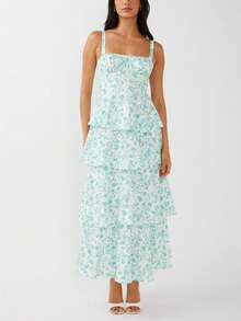 Women Boho Floral Maxi Dress Y2k Spaghetti Strap Square Neck Backless Ruffle Flowy Long Dresses Tiered Sleeveless Tie Up Dress Summer Wedding Guest Sundress Going Out Beachwear - 綠色 - 查看 7