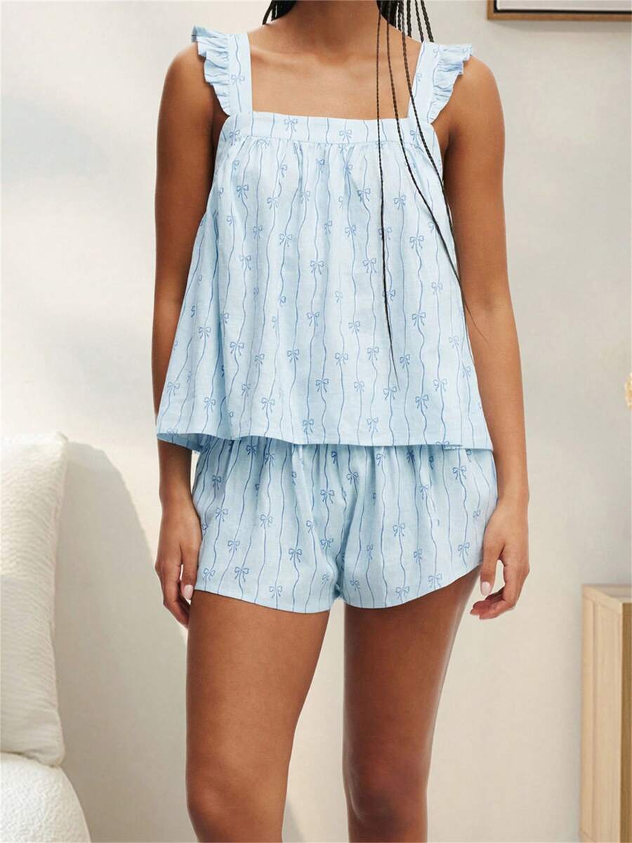 Conjunto de pijama de verano para mujer con parte superior de tirantes con volantes y estampado de moños, y pantalones cortos de pierna ancha, 2 piezas - Azul - Ver 1
