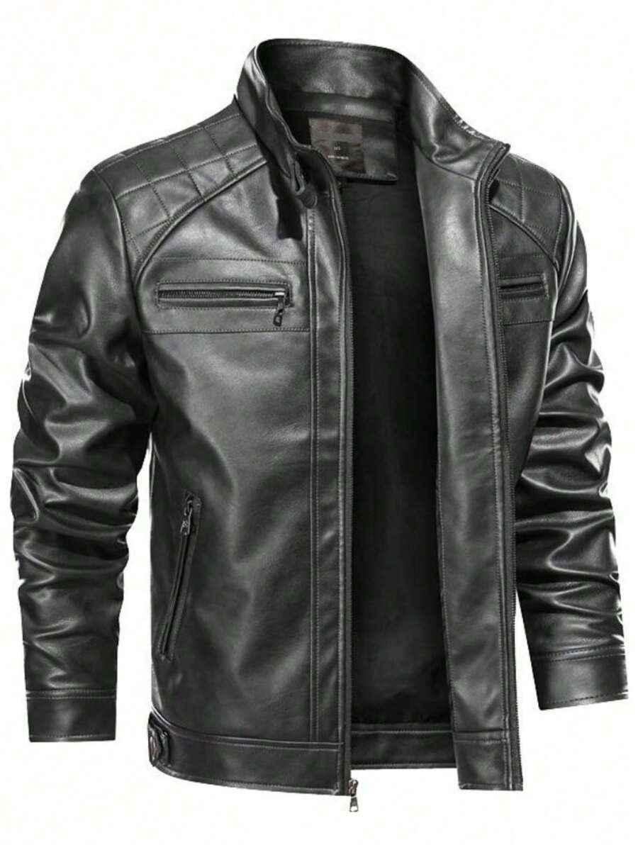 Men's Slim Lined Leather Jacket Without Hood - Black - View 1