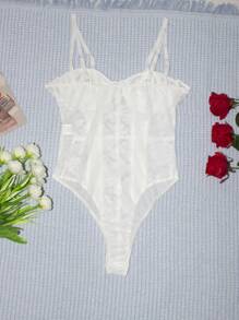 1pc Solid Color Sheer Contrast Lace Sleeveless Fitted Revealing Sexy Camisole Camisole Top