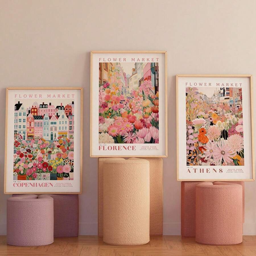 3幅版画套装、花卉市场海报、墙面艺术套装、植物墙面艺术、植物海报、粉色花卉海报、画廊墙面套装、带框墙面艺术 - 彩色 - 查看 1