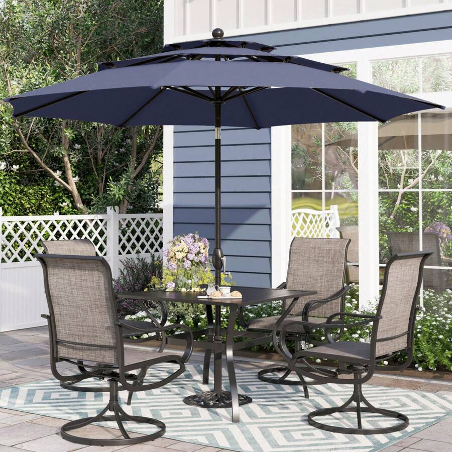10ft 3 Tier Auto-Tilt Outdoor Patio Umbrella Beach Garden Double Vented Table Umbrella With Push Button And Crank, Beige - Navy Blue - View 1