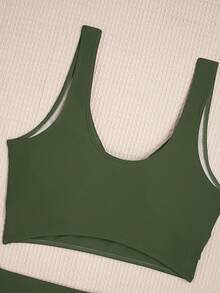 Conjunto De Tankini De Espalda Cruzada Descubierta De Unicolor, Para Playa En Verano,Bikini,Traje De Baño 2 Piezas,Trajes De Baño Mujer Dos Piezas,Trajes De Baño Mujer - Verde - Ver 9