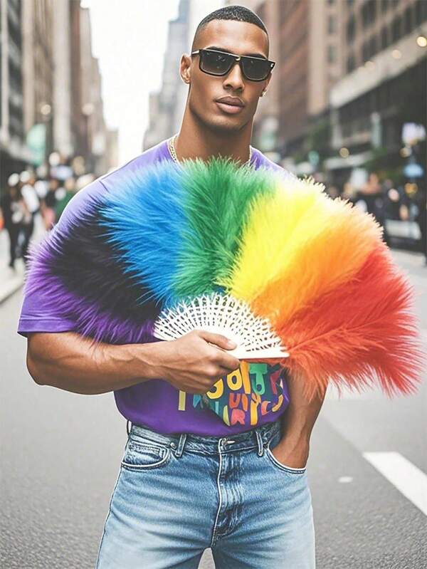 1pc Rainbow Colored Feather Fan, Plush Feather Fan For Ventilation, Fashion Decoration, Hand-Held Stage Costume, Runway Performance Prop, Festival Party Celebration Prop