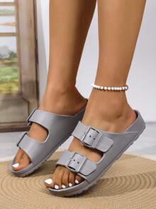 Plus Size Women Flat Buckle Slip-On Waterproof Anti-Slip Breathable Slide Sandals - Grey - View 2