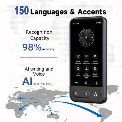 Dispositivo de traducción de inteligencia artificial: admite 150 idiomas y dialectos, 98% de precisión, traducción bidireccional en tiempo real de 0,2 segundos, modos sin conexión de 21 idiomas, grabación inteligente y traducción grupal, pantalla táctil de alta definición de 4 pulgadas, interfaz USB-C, adecuado para viajes, negocios y aprendizaje.
