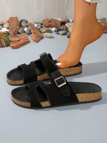 Sandalias planas para mujer, zapatillas informales de corcho con cierre deslizante para la playa y vacaciones - Negro - Ver 8