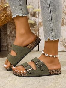 Ladies' Slip-On Anti-Slip Buckle Closure Suede Flat Sandals, Simple Solid Color - Green - View 2