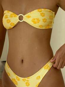 Womens Bikini Swimsuits Flower Print Strapless Tube Tops With Thong 2 Pcs Set Sexy Bikini Bathing Suit For Beach Vacation - 黃色 - 查看 3