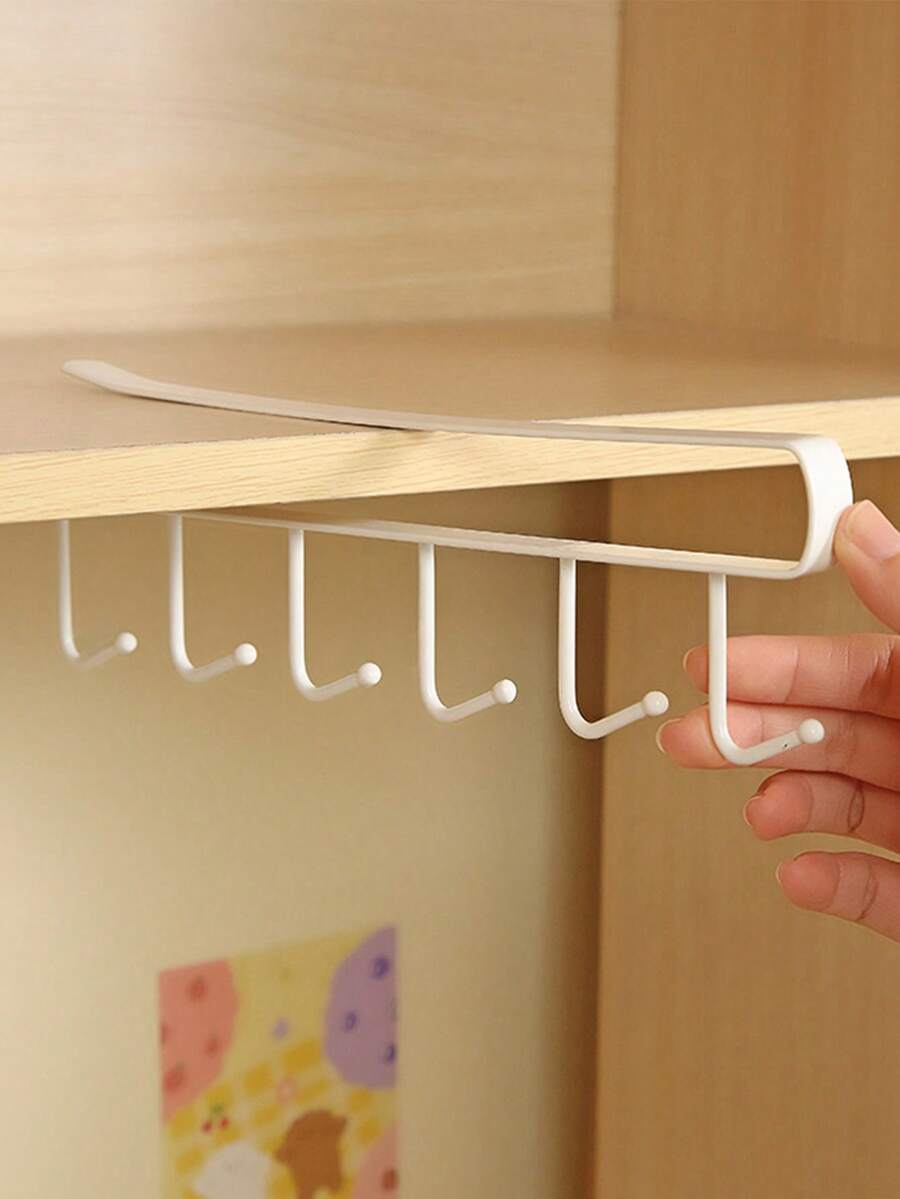 1pc Kitchen 6 Hooks Storage Rack, Fits For Shelves To Organize Clothes, Cups, Wine Glasses - White - View 1