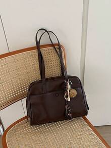 韩版新款枕头手提包，复古单肩包，大容量手提包，适合办公室/通勤，不含吊坠（吊坠仅用于造型目的） - 咖啡棕 - 查看 7