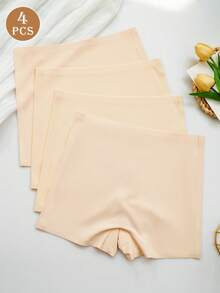 4pcs/Pack Ice Silk Breathable Boyshort Panties, Skin-Friendly Stretchy Anti-Chafing Shorts, Women's Comfortable Daily Underwear - Apricot - View 5