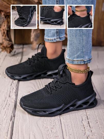 1 paire de chaussures de course mode femme de couleur unie, baskets respirantes et antidérapantes, légères et confortables pour le sport en extérieur, Baskets à semelle épaisse et moelleuse, absorbant les chocs, en maille respirante, chaussures type chaussettes enfilables, polyvalentes pour la casual, l'école, les déplacements et la marche